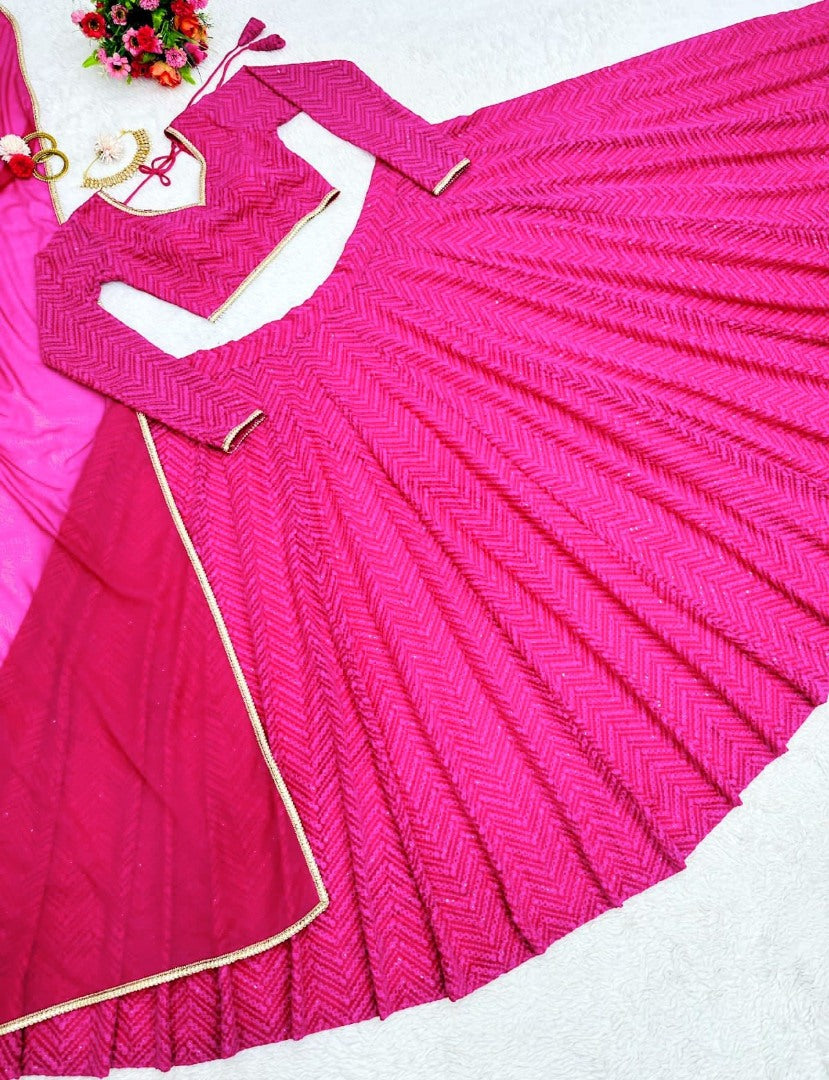 Rani pink georgette heavy thread sequence work lehenga choli for ceremony