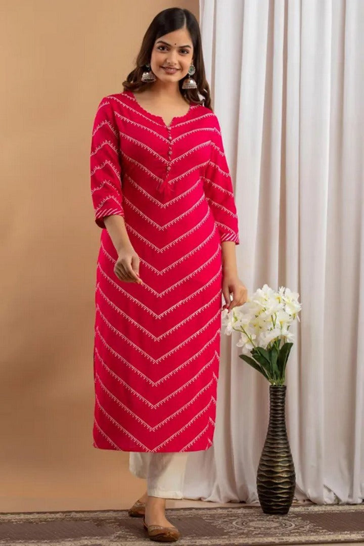 Rani pink Rayon Button Lehriya Printed Straight Kurti