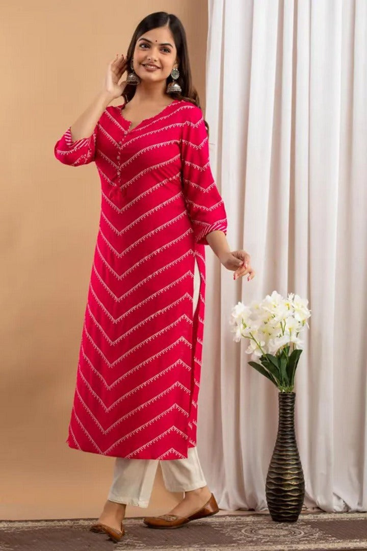 Rani pink Rayon Button Lehriya Printed Straight Kurti