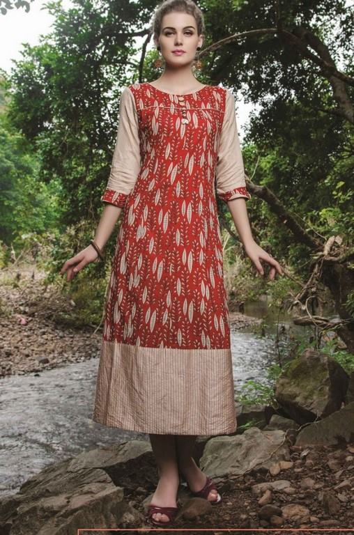 Red & Beige Colored Cotton Printed Stitched Kurti