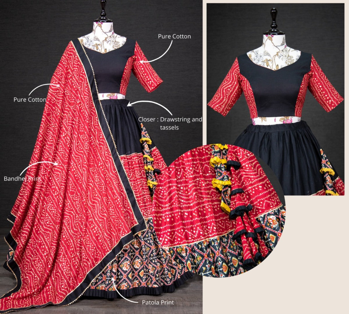 Red and black pure cotton printed navratri festival lehenga choli