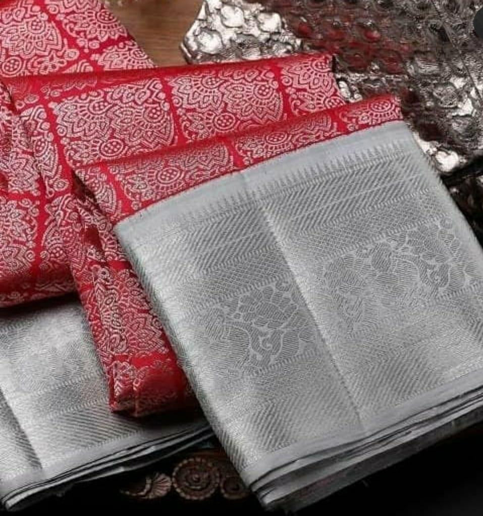 Red and grey banarasi silk jacquard designer saree