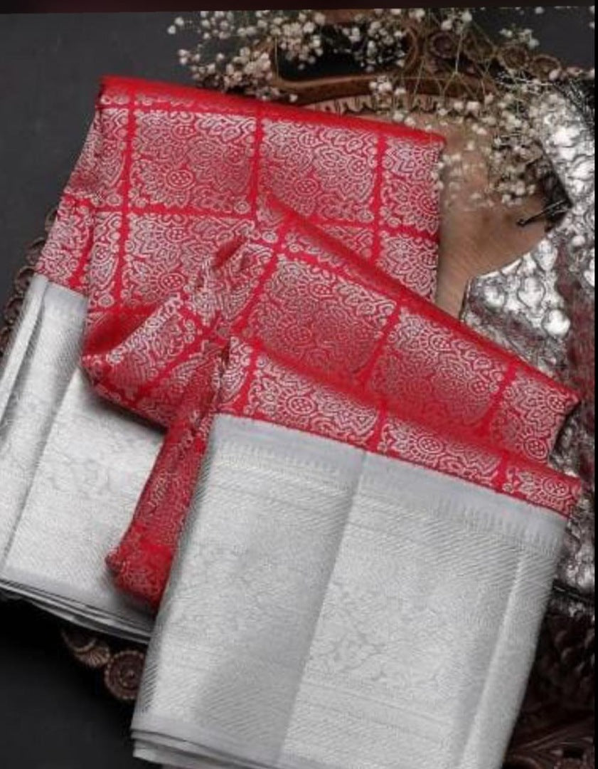 Red and grey banarasi silk jacquard designer saree