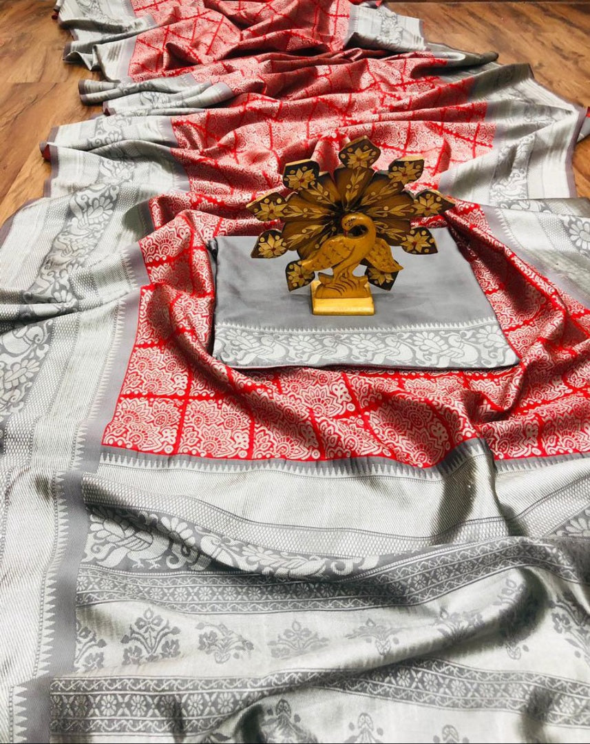 Red and grey banarasi silk jacquard designer saree