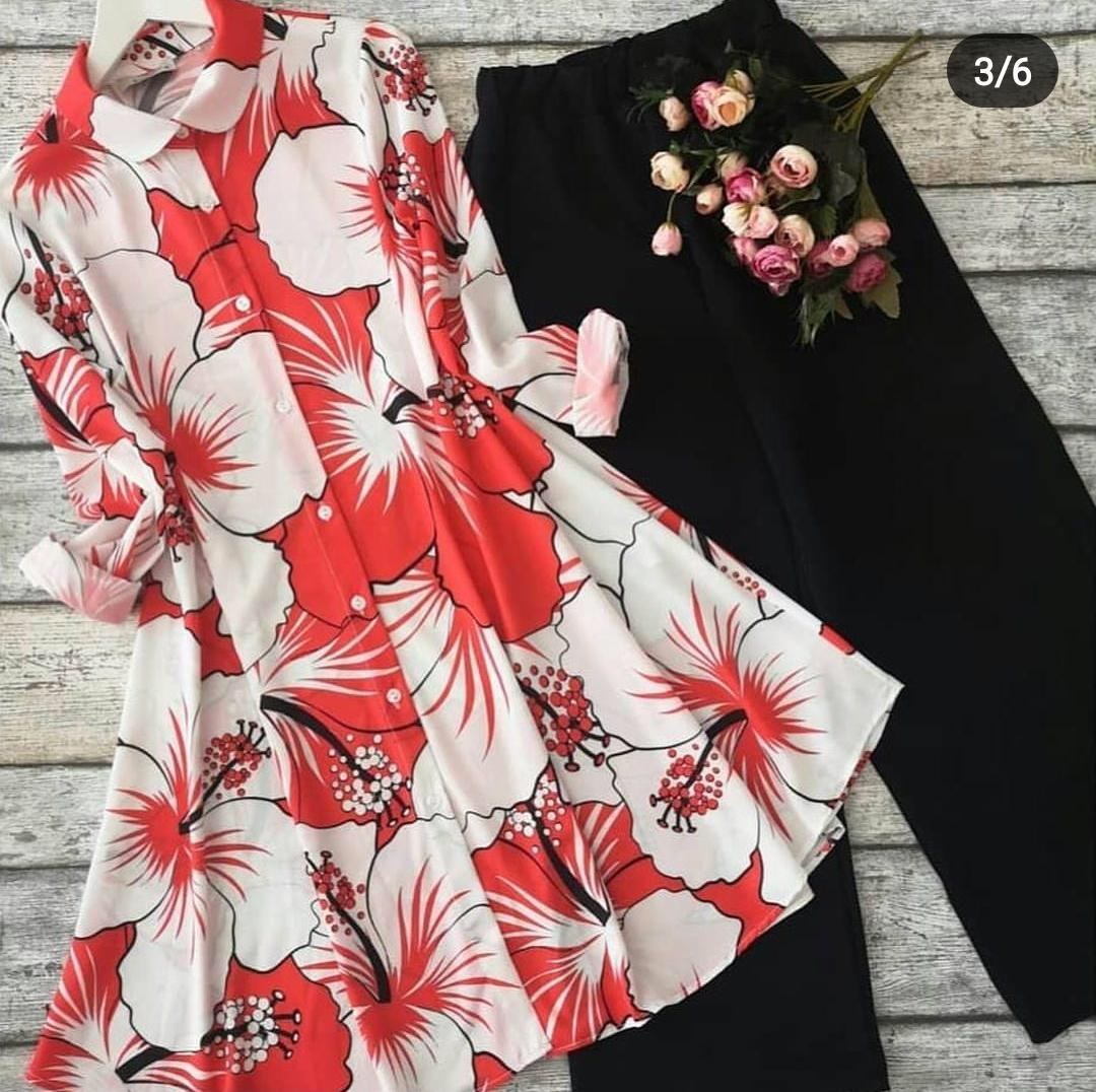 Red and white crepe silk digital printed plazzo kurti