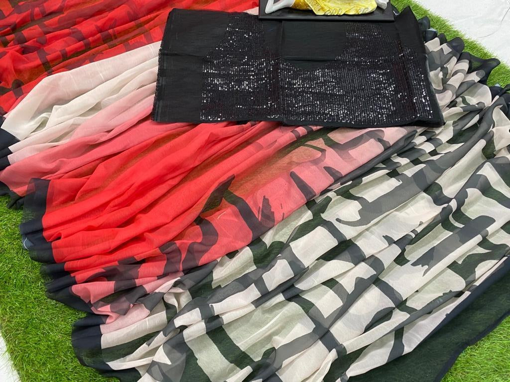 Red and white multi shaded printed stylist saree