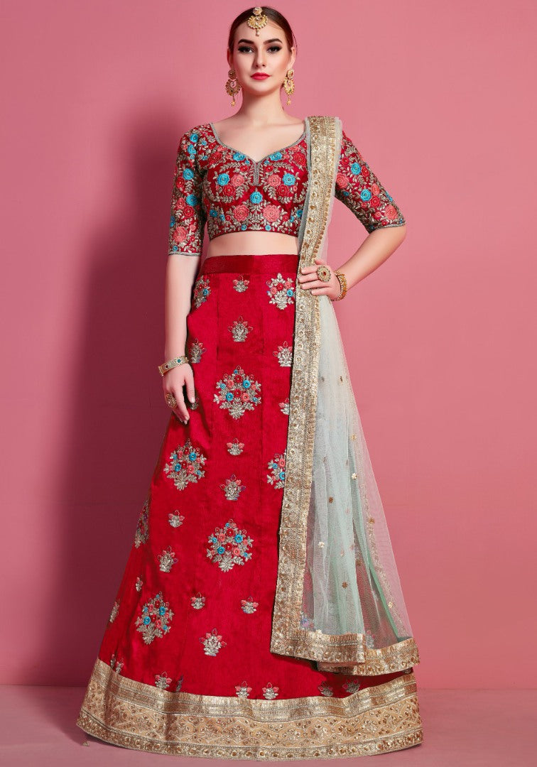 Red art silk embroidered work party wear lehenga choli