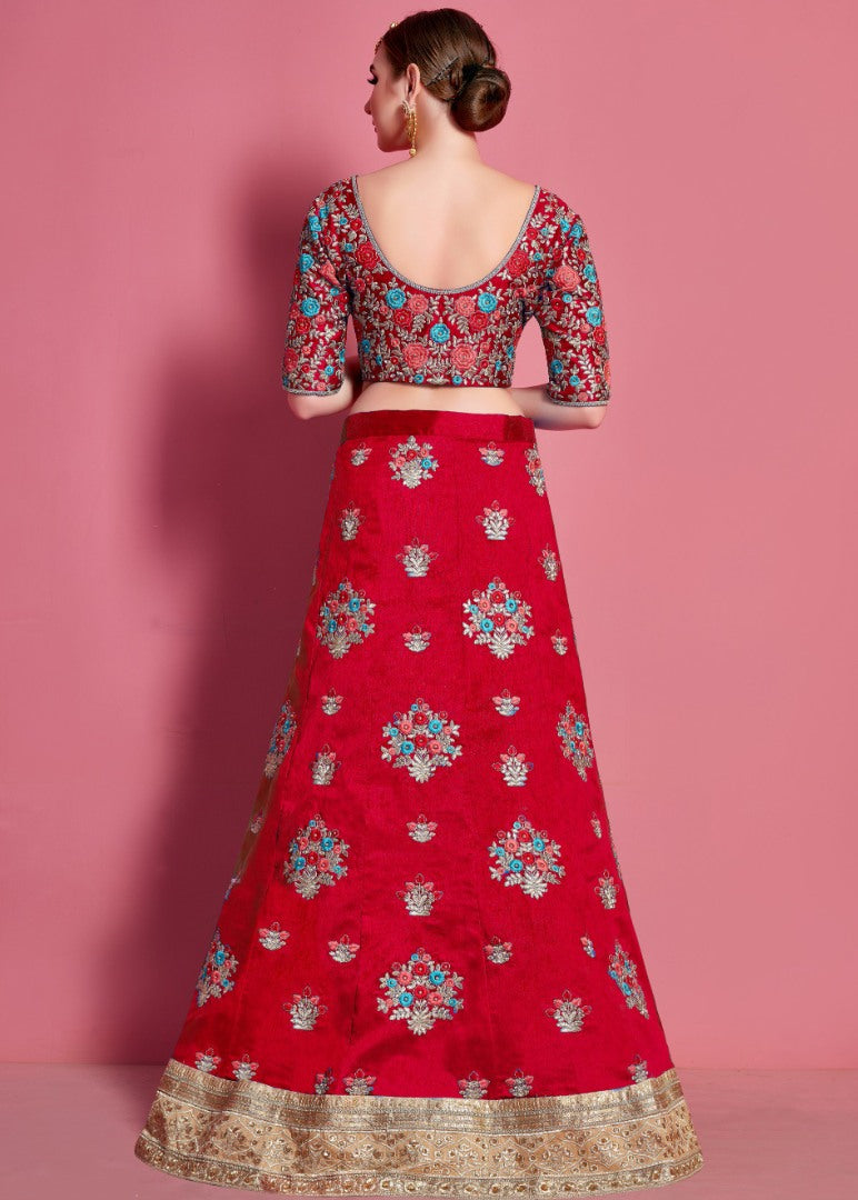 Red art silk embroidered work party wear lehenga choli