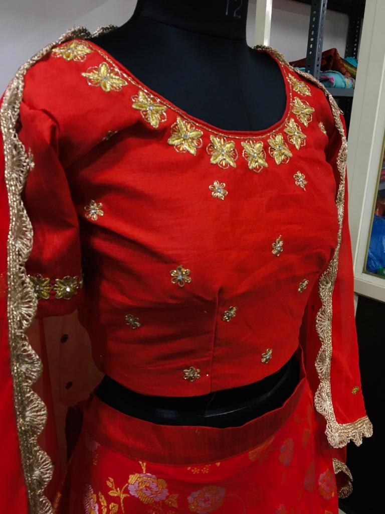 Red banarasi fancy embroidered jacquard wedding lehenga choli