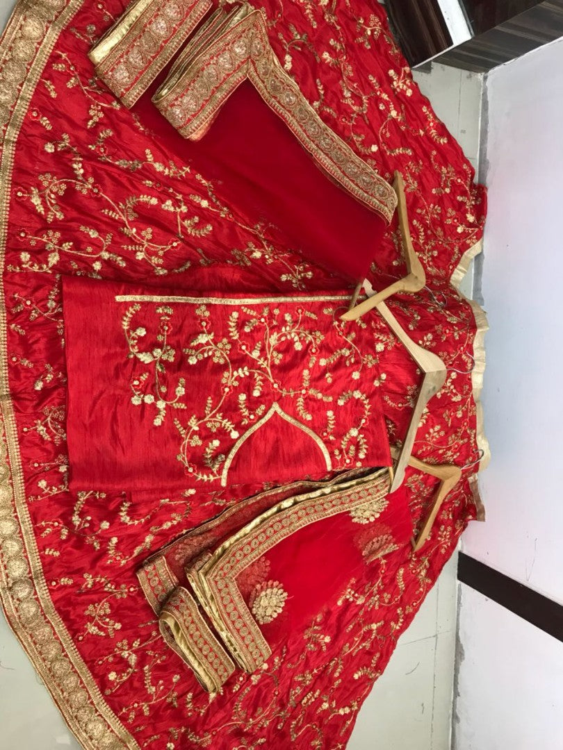 Red banarasi silk embroidered bridal lehenga