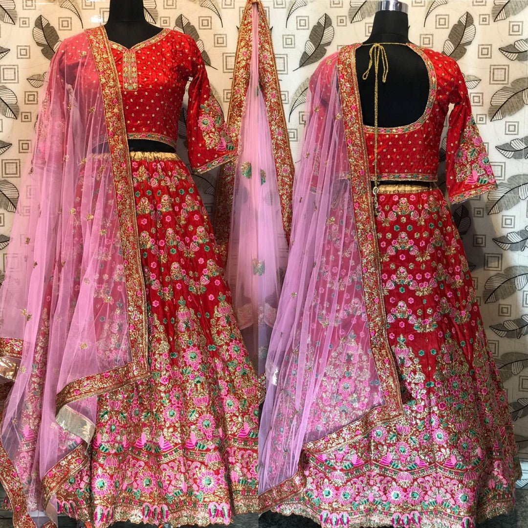 Red banarasi silk heavy embroidered bridal lehenga