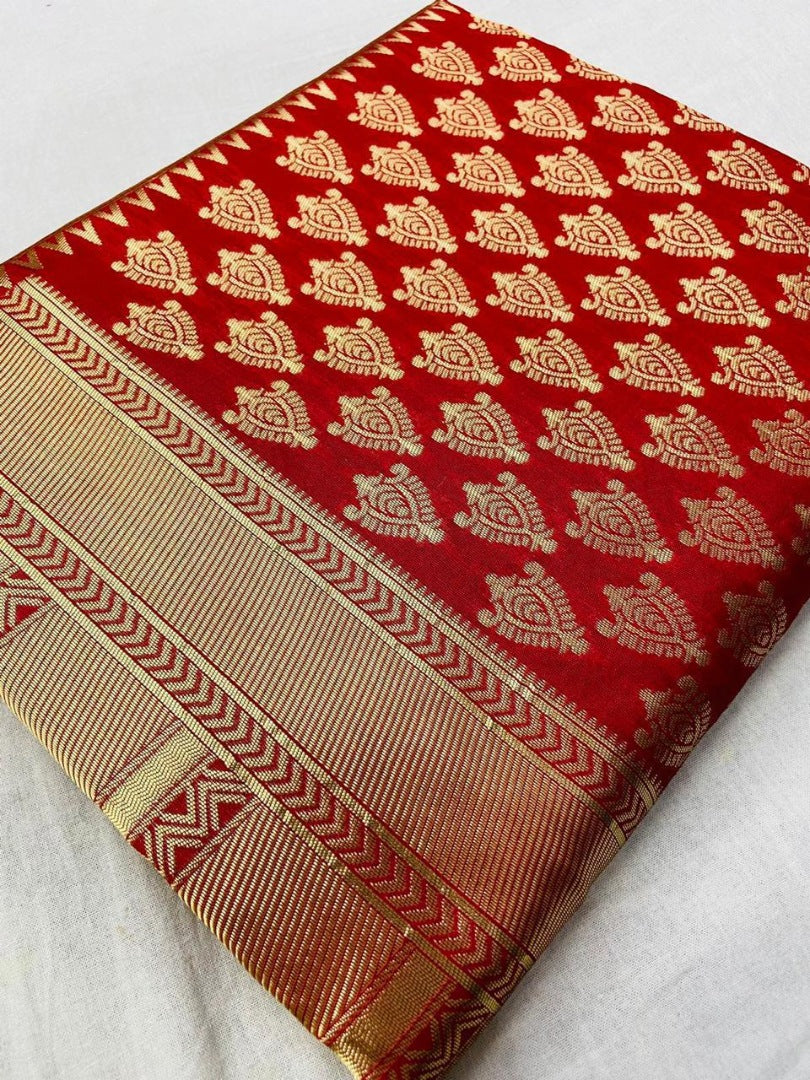 Red banarasi silk jacquard weaving work ceremonial saree