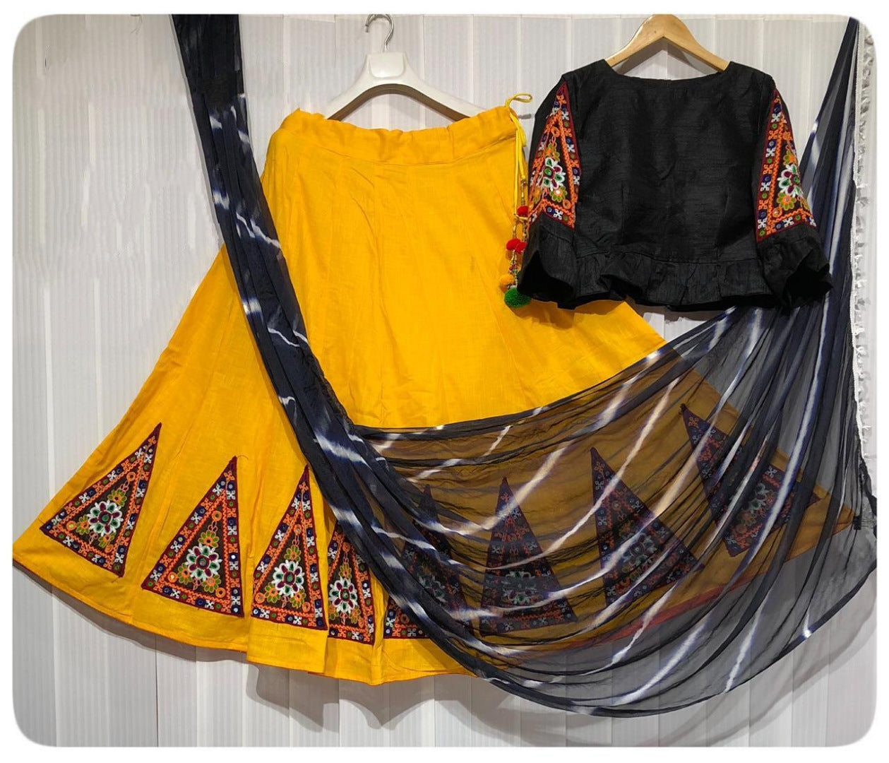 Red banglori silk kutchhi work navratri special chaniya choli with leheriya dupatta