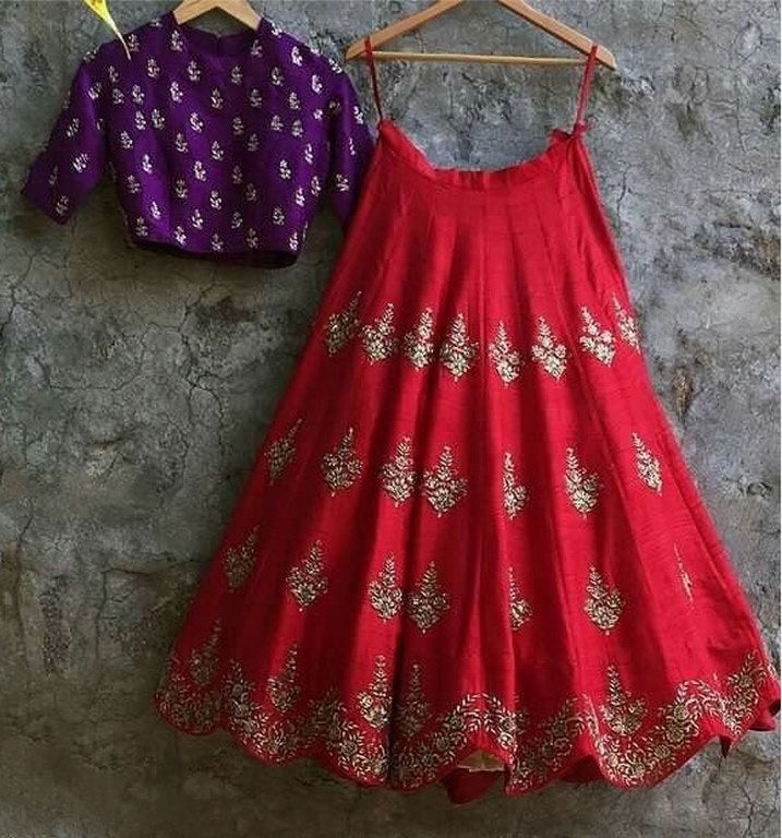 Red banglori silk stylist embroidered partywear lehenga with blue choli