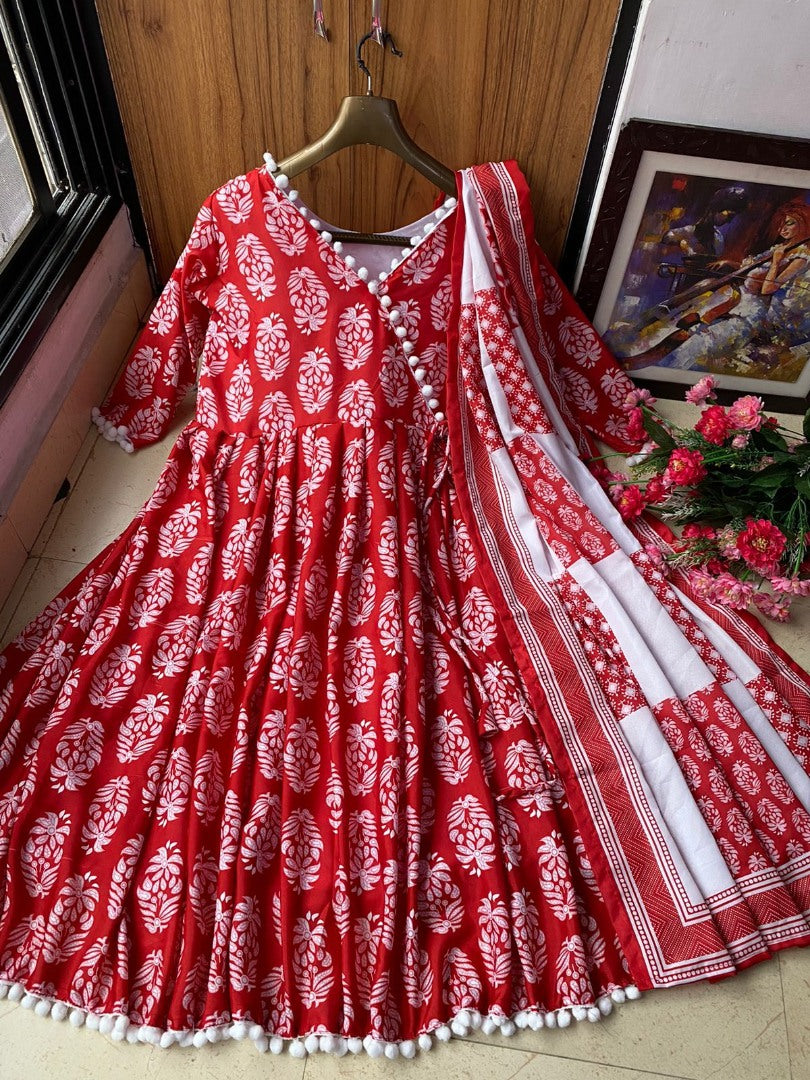 Red butter silk digial printed anarkali suit