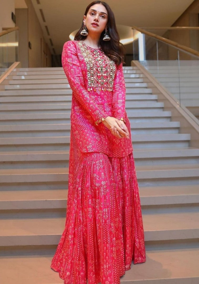 Red butter silk embroidered and printed sharara suit