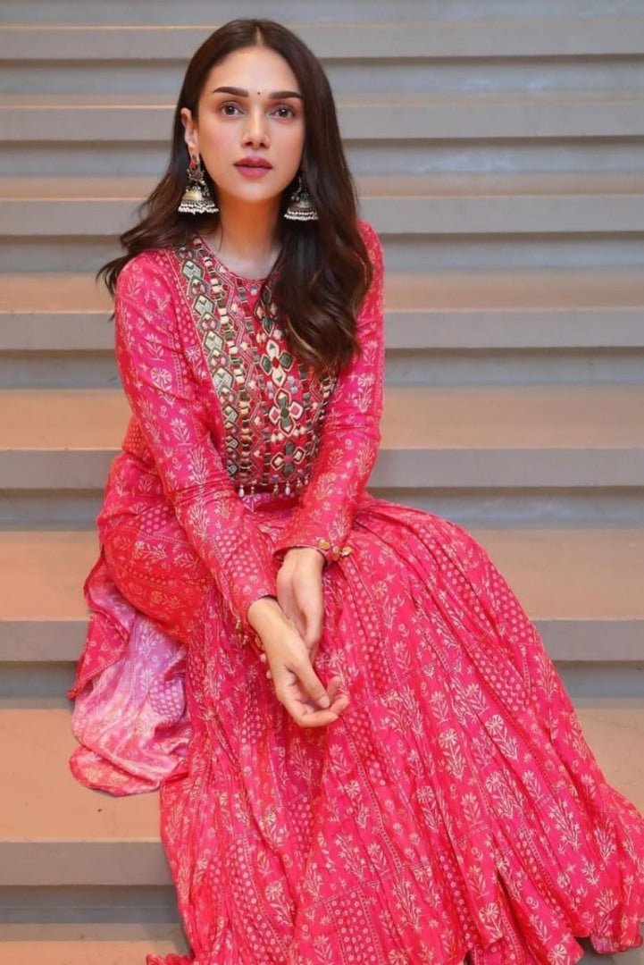 Red butter silk embroidered and printed sharara suit