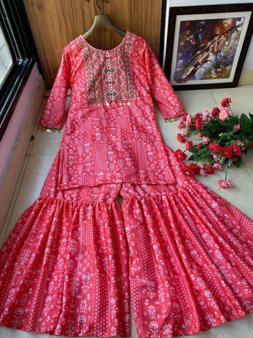 Red butter silk embroidered and printed sharara suit