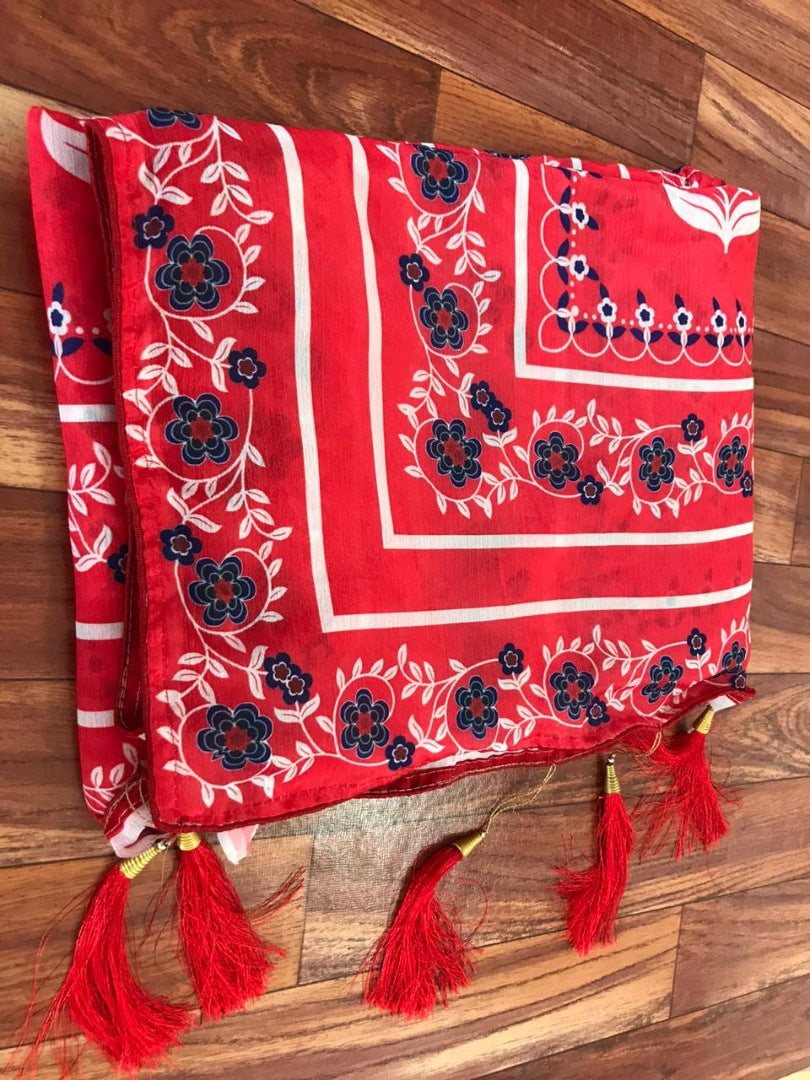 Red chinon silk digital printed designer saree