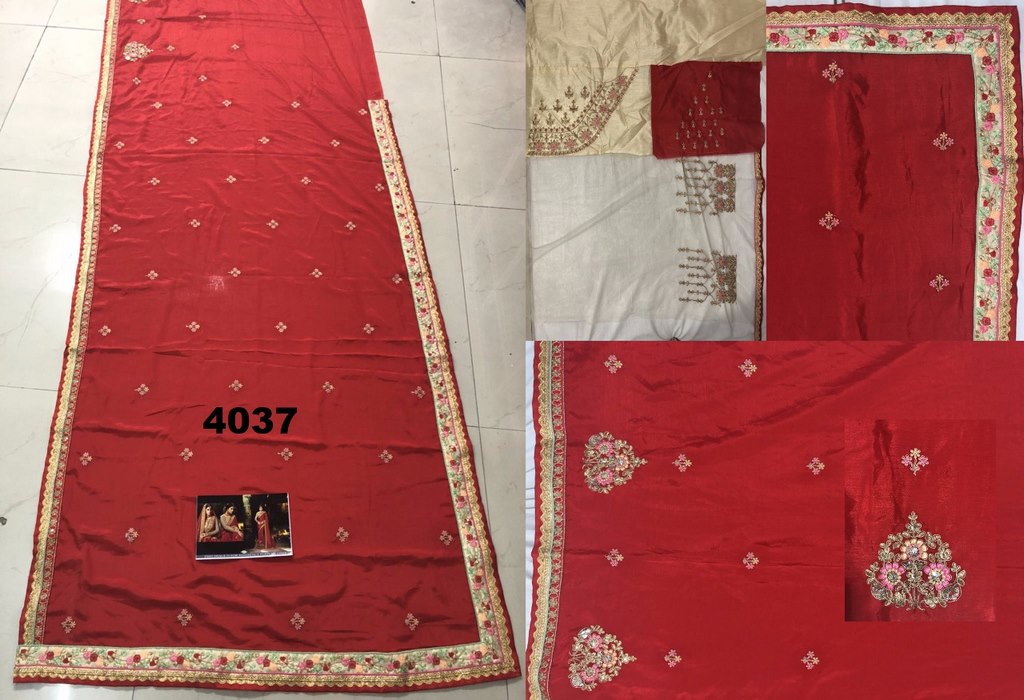 Red chinon silk embroidered wedding saree