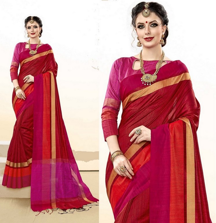 Red Colored Khadi Cotton Silk Weaving Work Saree