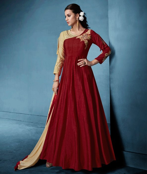 Red Colored Soft tapeta Silk Zari & Resham Embroidery with Stone and Moti Work Semi Stitched gown