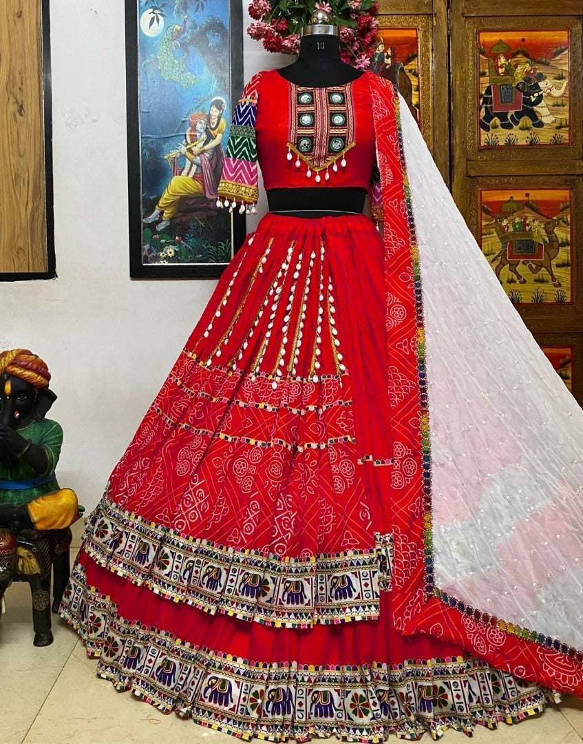 Red cotton print and mirror hand work gujarati garba navratri lehenga chaniya choli