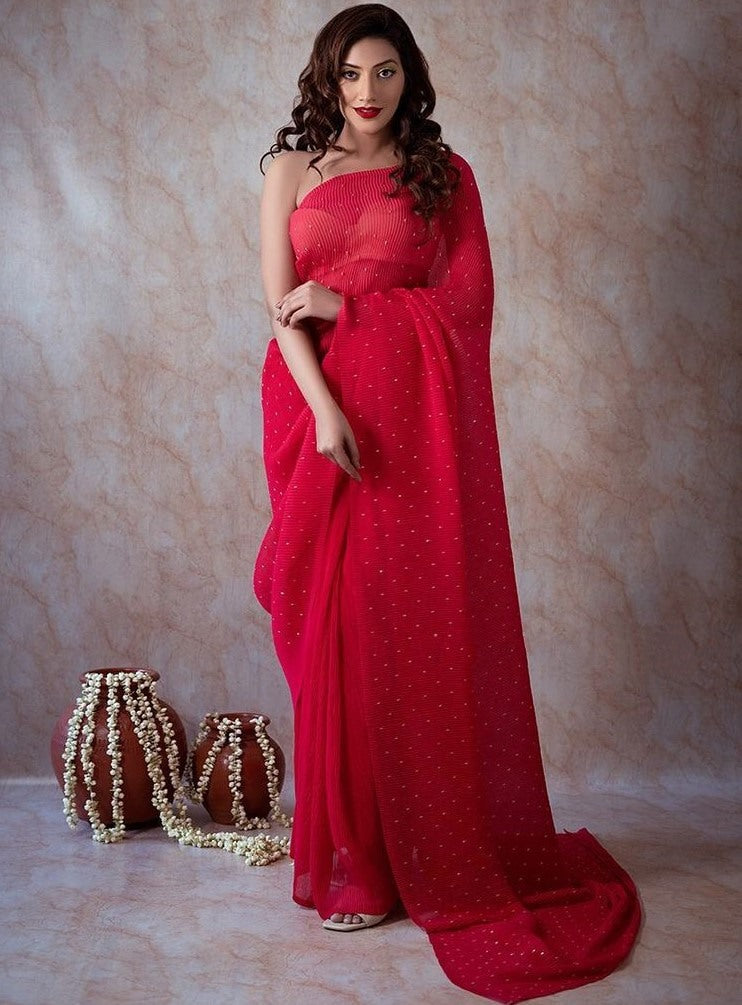 Red crushed georgette khatli handwork designer party wear saree