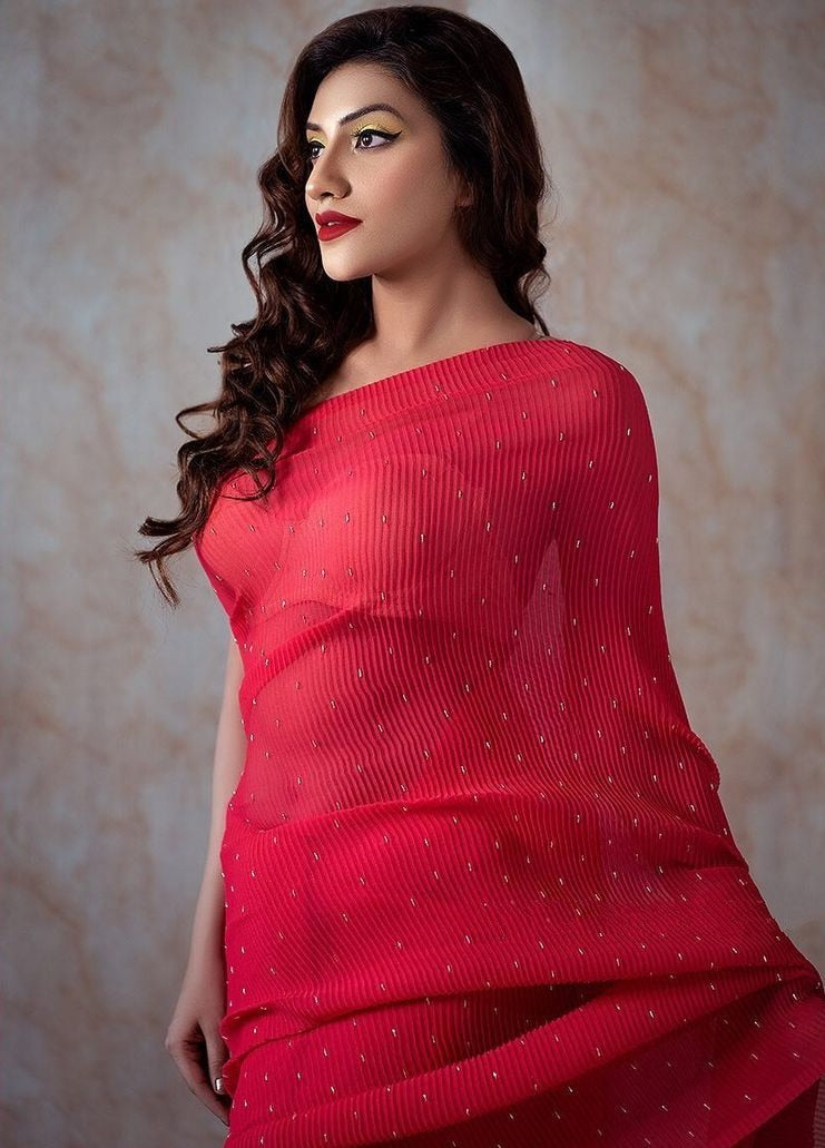 Red crushed georgette khatli handwork designer party wear saree