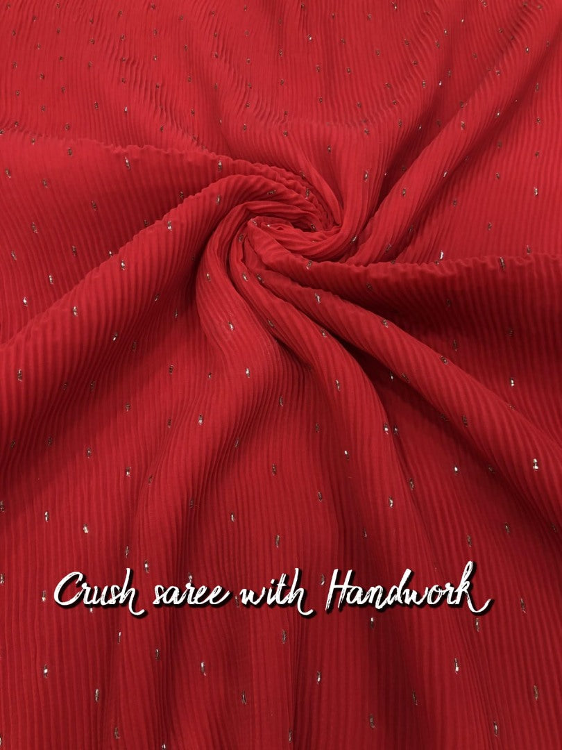 Red crushed georgette khatli handwork designer party wear saree