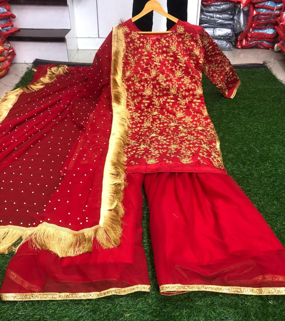 Red embroidery work plazzo salwar suit for wedding