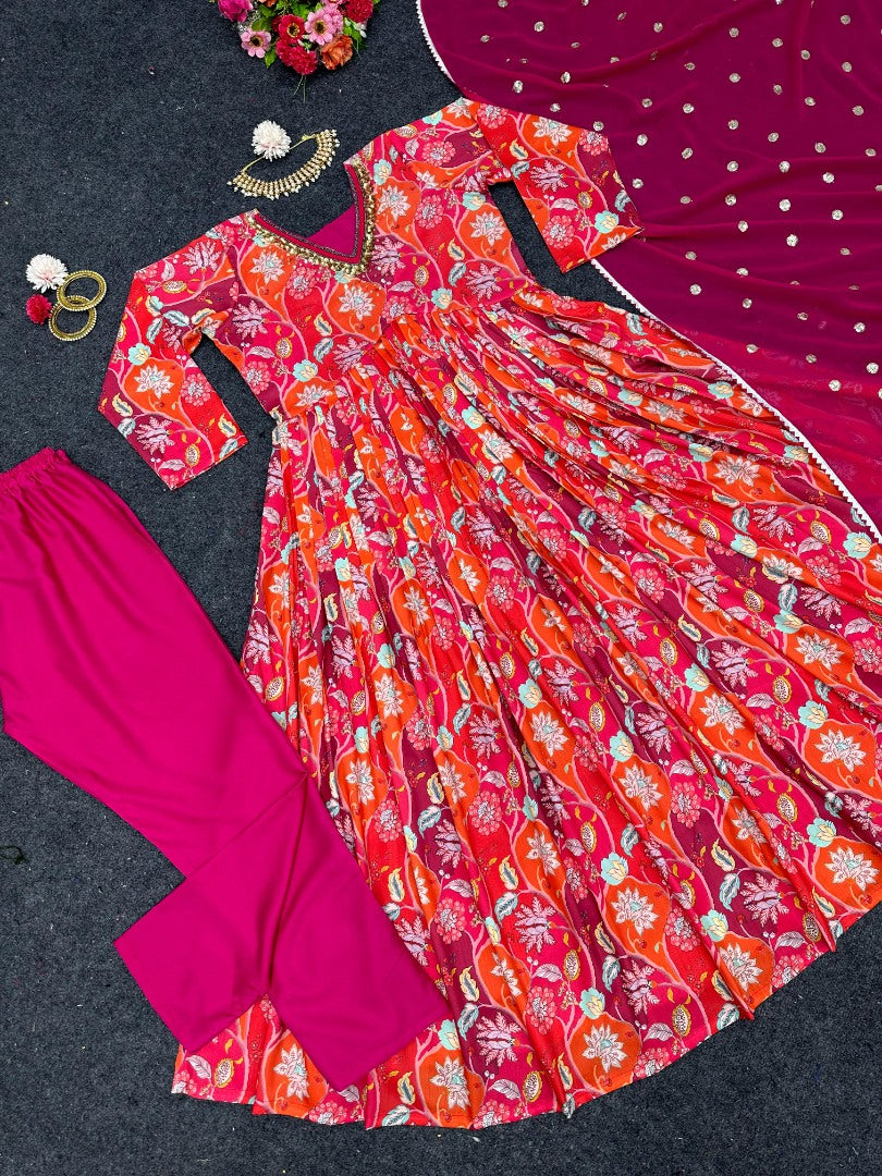 Red floral printed thread sequence work designer alia cut kurti