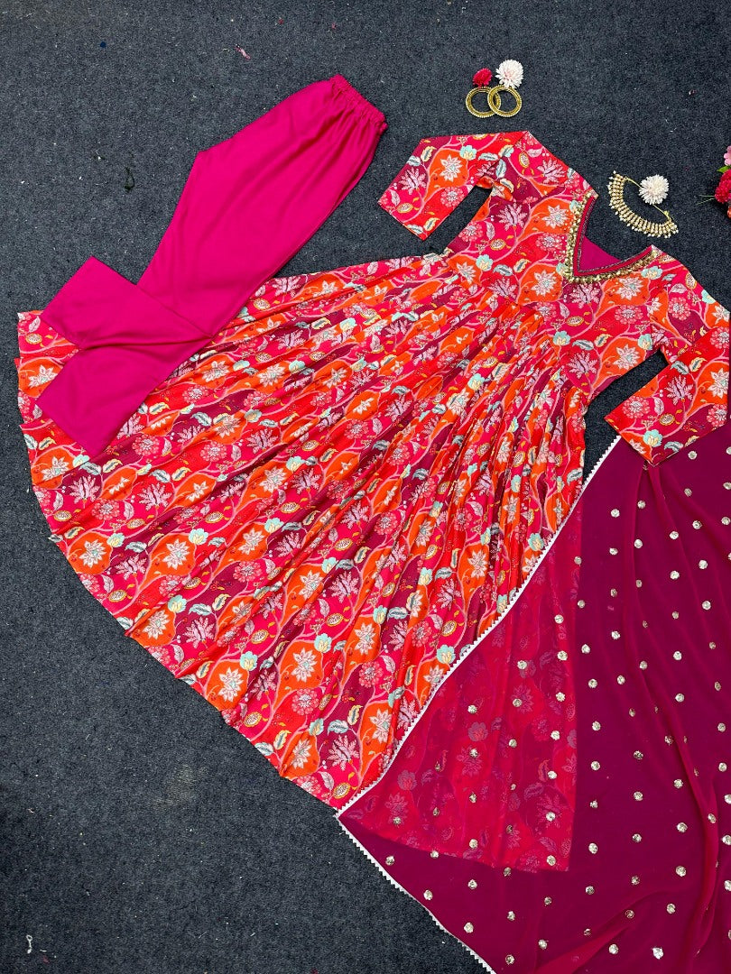 Red floral printed thread sequence work designer alia cut kurti