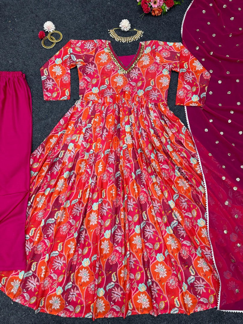 Red floral printed thread sequence work designer alia cut kurti