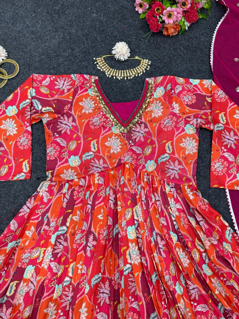 Red floral printed thread sequence work designer alia cut kurti