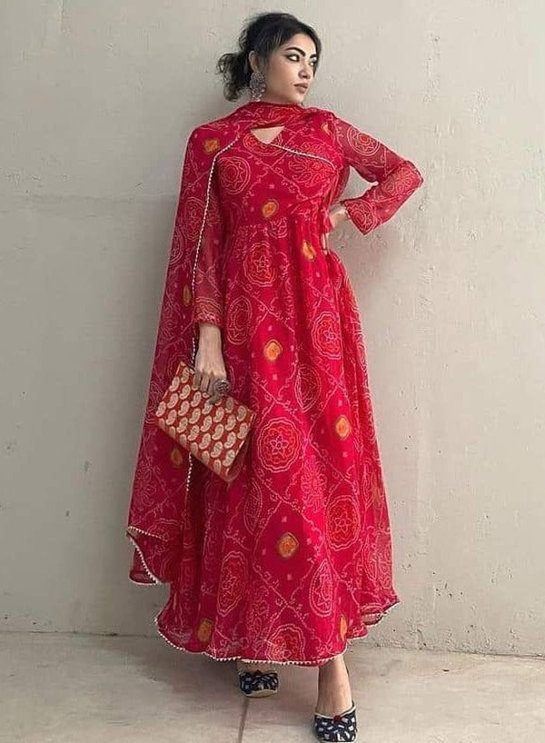 Red georgette bandhni print casual ethnic gown