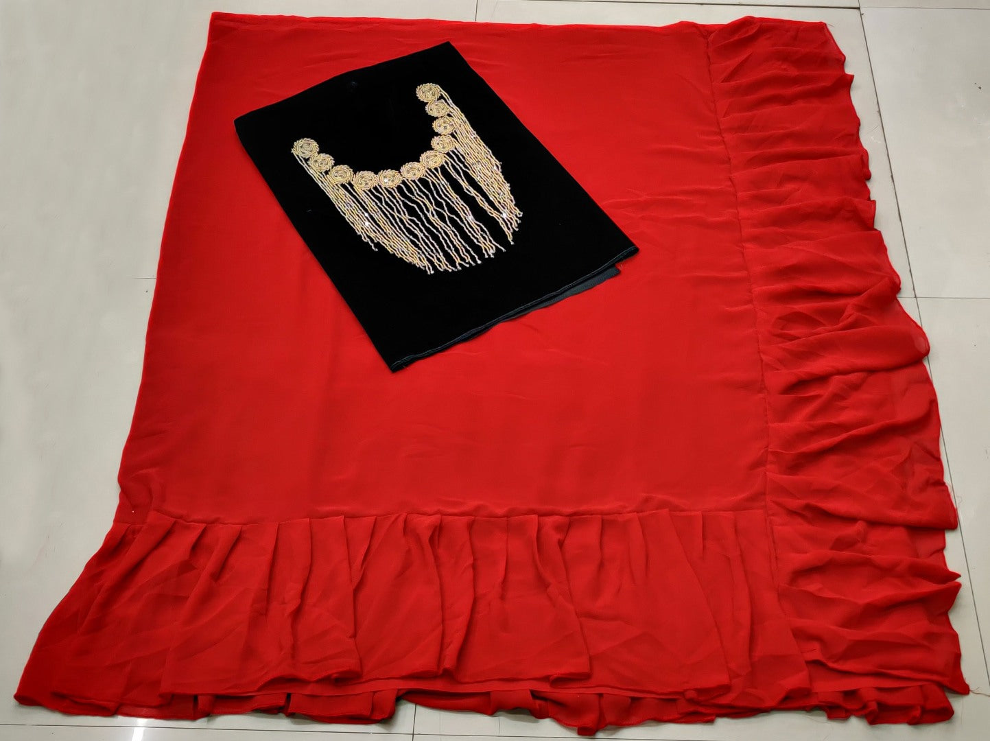 Red georgette designer ruffle saree with handwork blouse