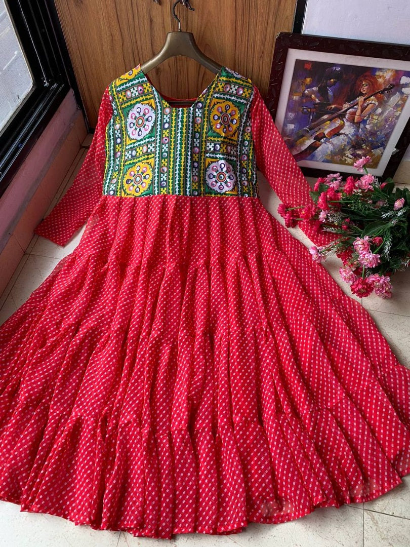 Red georgette digital printed ruffle layer mirror work long kurti