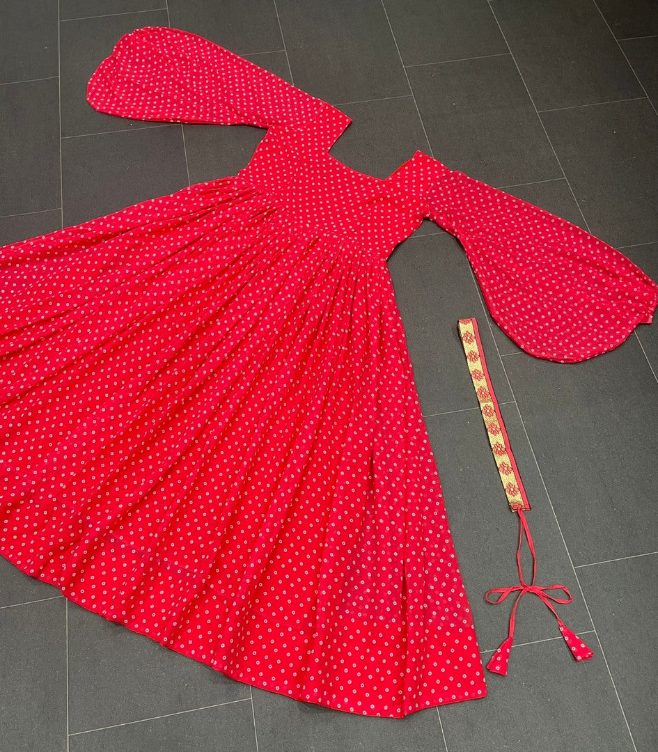 Red georgette dot printed gown