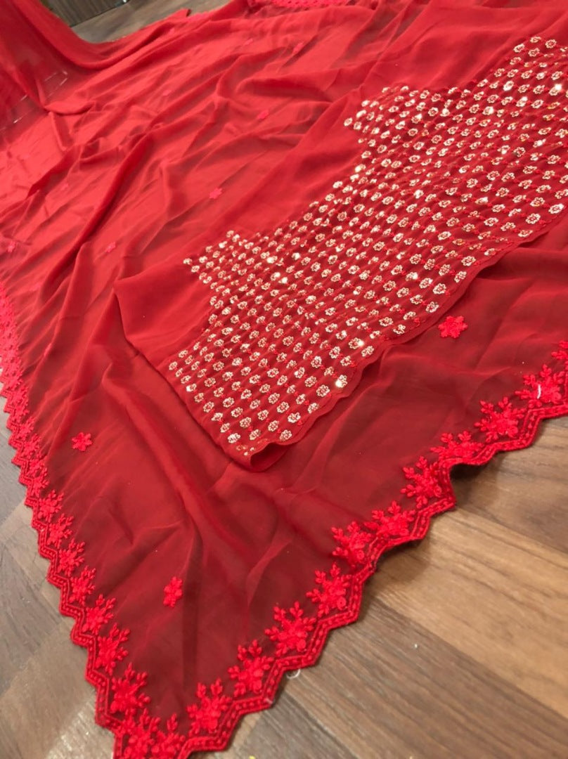 Red georgette embroidered ceremonial saree