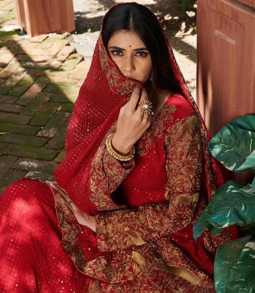 Red georgette embroidered cording with sequence work lehenga choli
