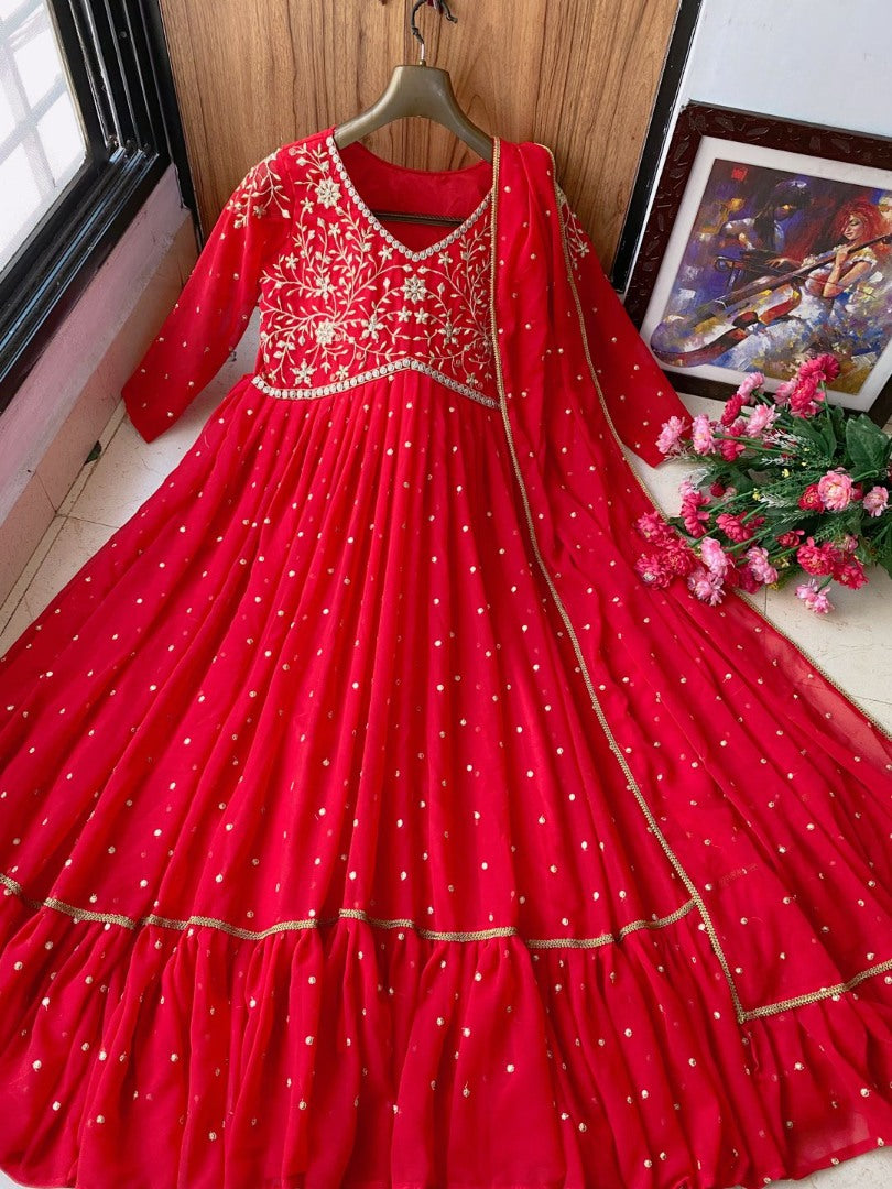 Red georgette embroidered ruffle layered anarkali suit