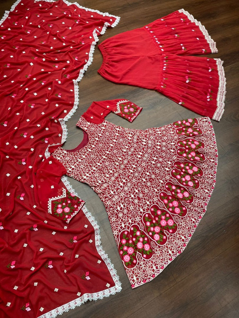 Red georgette embroidered sharara salwar suit