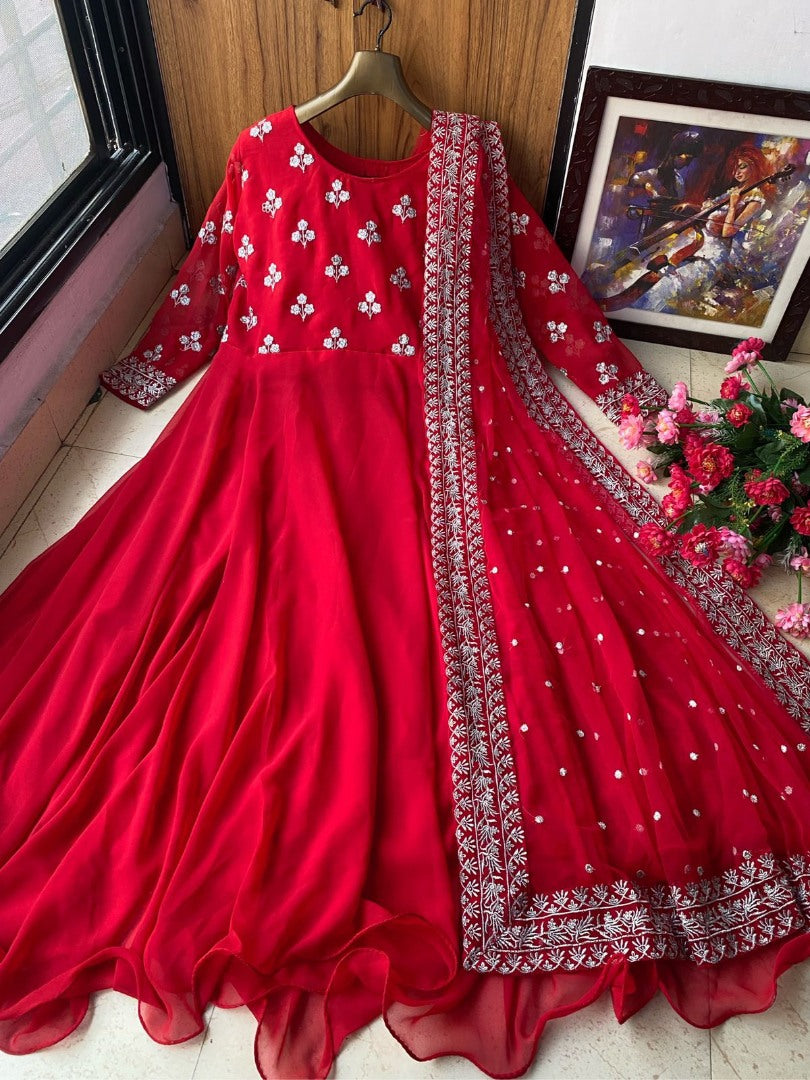 Red georgette embroidered umbrella flair gown