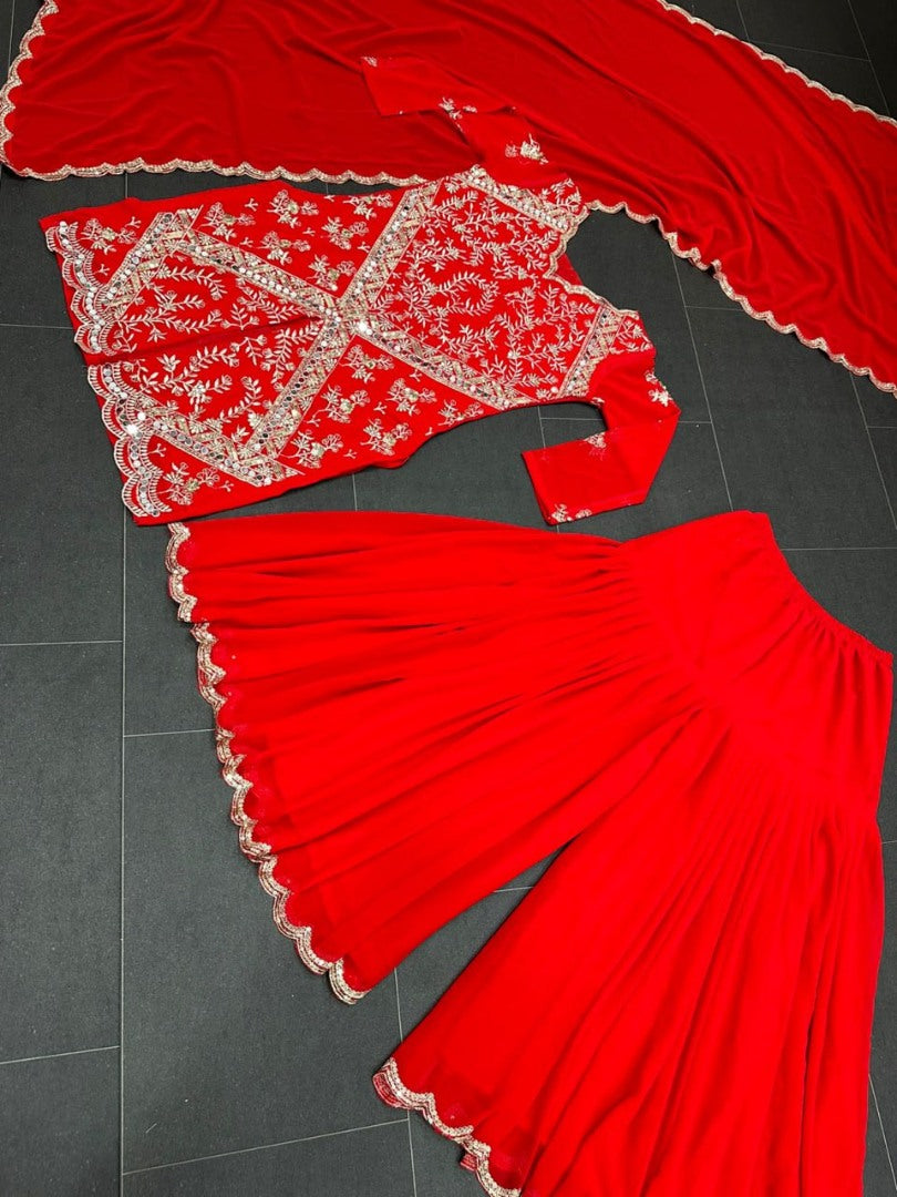 Red georgette embroidery work sharara suit