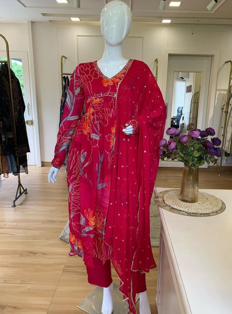 Red georgette floral printed hand work alia cut suit