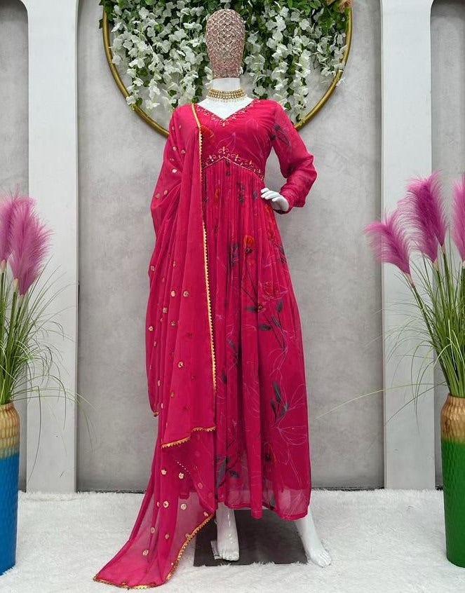 Red georgette floral printed hand work alia cut suit