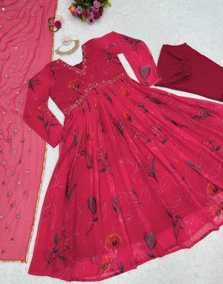 Red georgette floral printed hand work alia cut suit