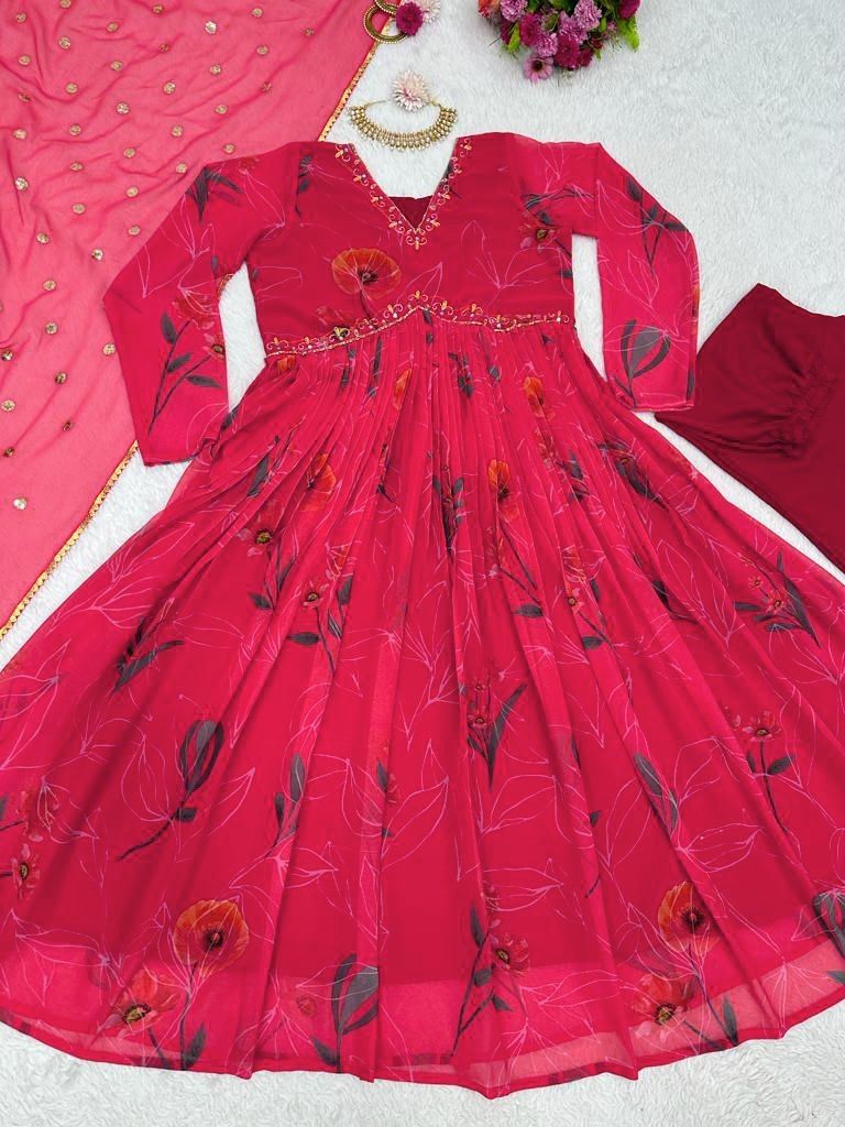 Red georgette floral printed hand work alia cut suit