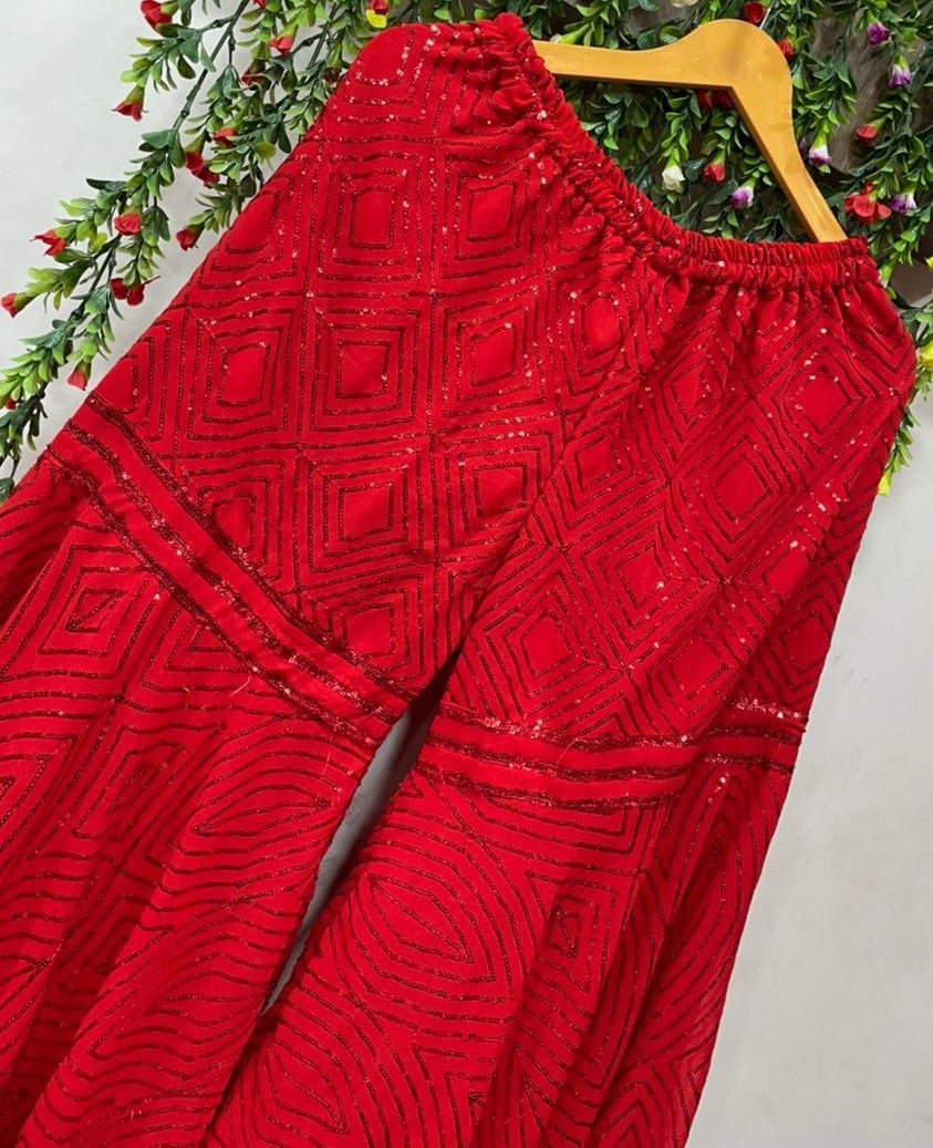 Red georgette full sequence work party wear sharara plazzo suit